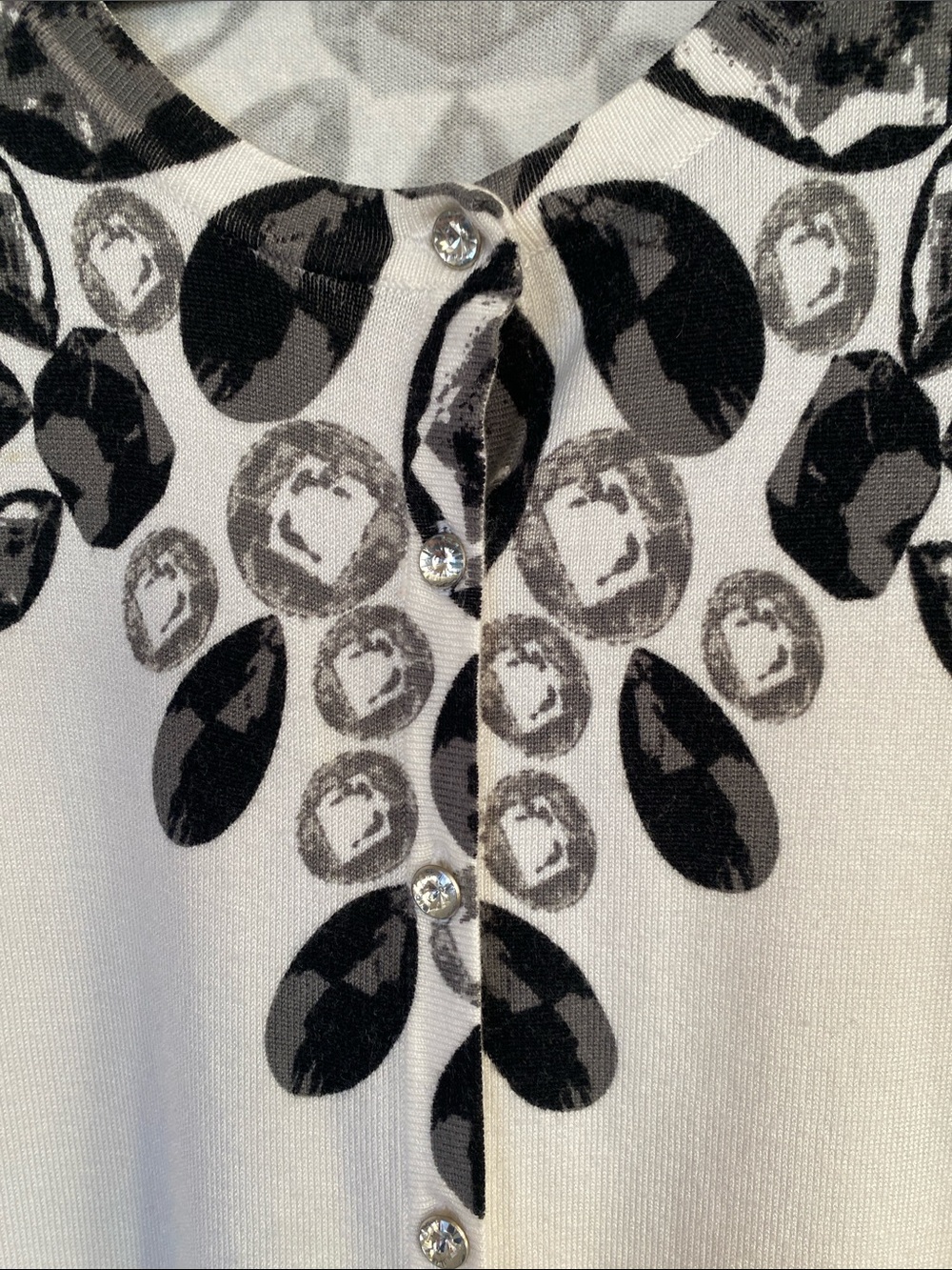 Joseph A White Cardigan with Black Gemstone Print and Rhinestone Buttons Size S - Picture 10 of 16